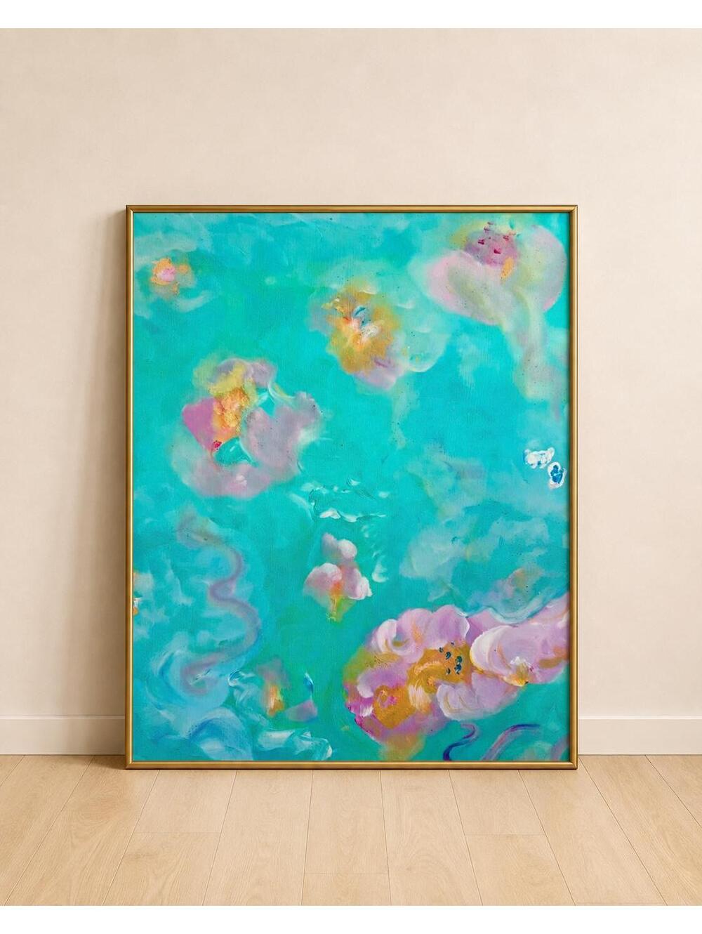 Blue & Pink Floral Abstract Art Print, Colorful Modern Wall Art, 8x10